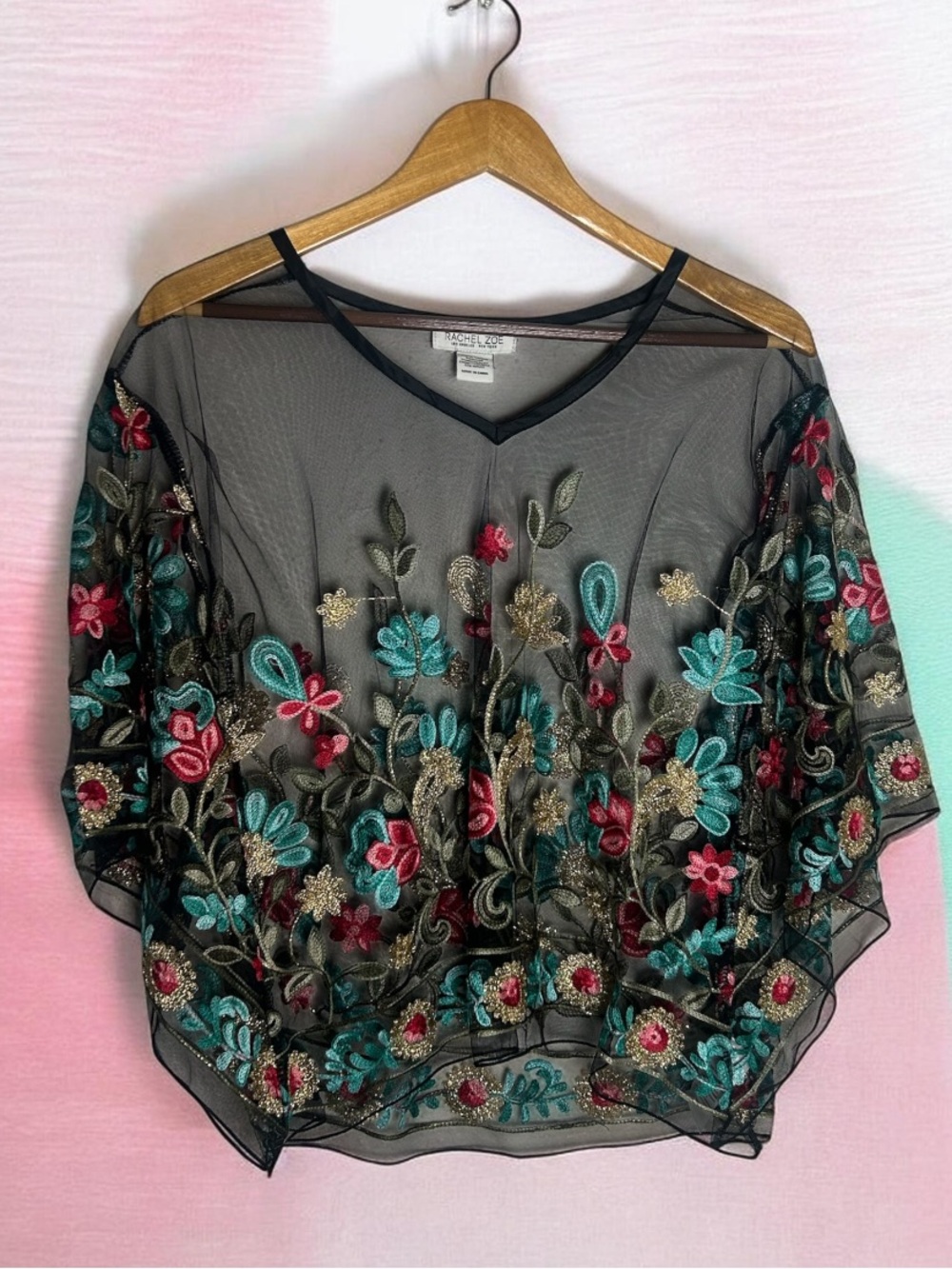Rachel Zoe Black Sheer Floral Embroidery Blouse One Size